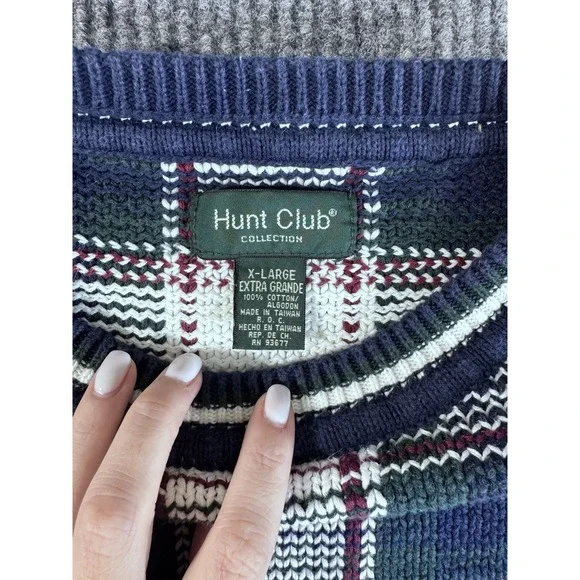 Vintage Hunt Club XL Blue Plaid Cotton Tight-Knit Crew Neck Long Sleeve Sweater - Picture 2 of 8